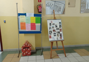 Dwie sztalugi stoją na korytarzu szkolnym. Na pierwszej znajdują się powiedzenia różnych nauczycieli. Na drugiej zdjęcia nauczycieli, z czasów dzieciństwa.